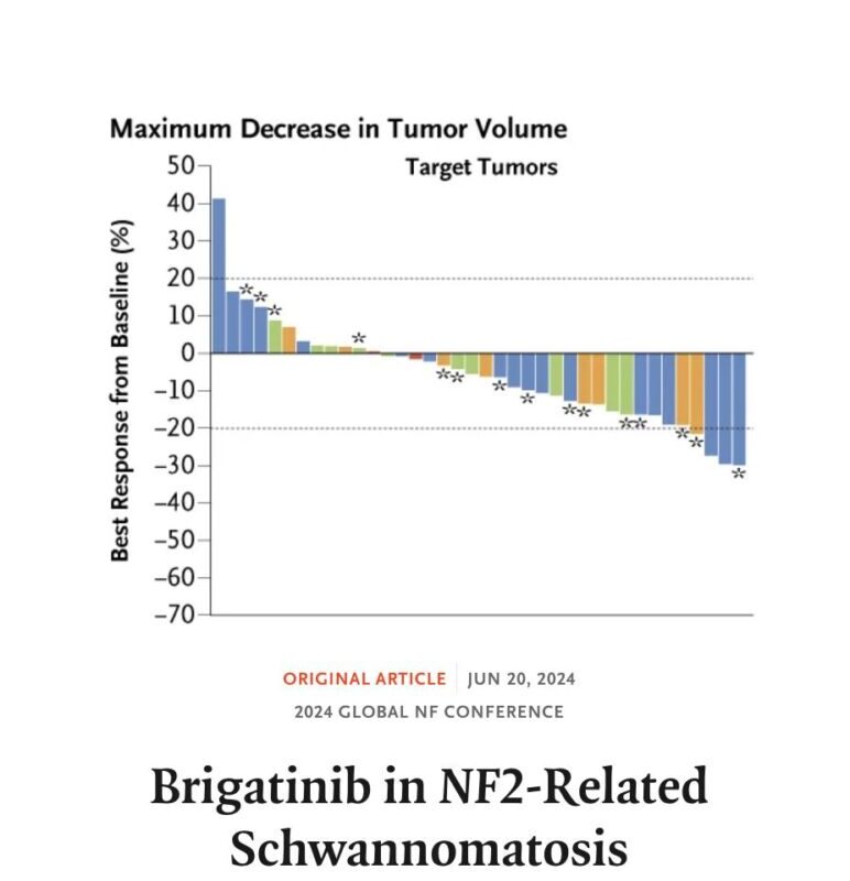 Graphical abstract from The New England Journal of Medicine showing the effects of Brigatinib in NF2-related Schwannomatosis, indicating a decrease in tumor volume for various target tumors.